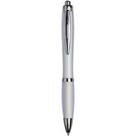 Curvy ballpoint pen with a white frosted barrel and grip