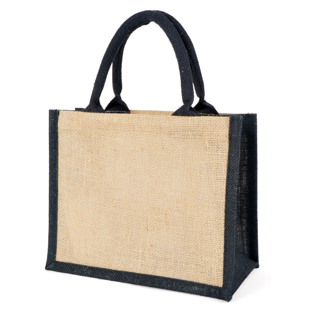 Branded NATURAL mini laminated jute lunch bag with trim, gusset and handles