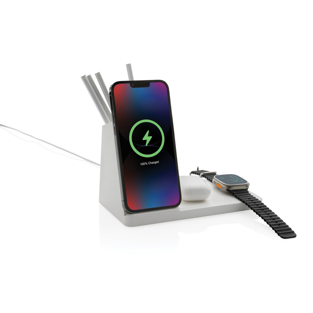 Branded Ontario recycled plastic & bamboo 3-in-1 wireless charger