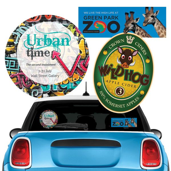 Rear facing self-adhesive window stickers in clear or white vinyl within 150sq cms