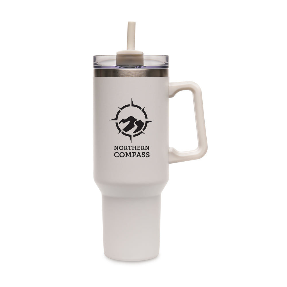 Everest WHITE Stainless Steel Mug with Straw and Handle - 1182ml