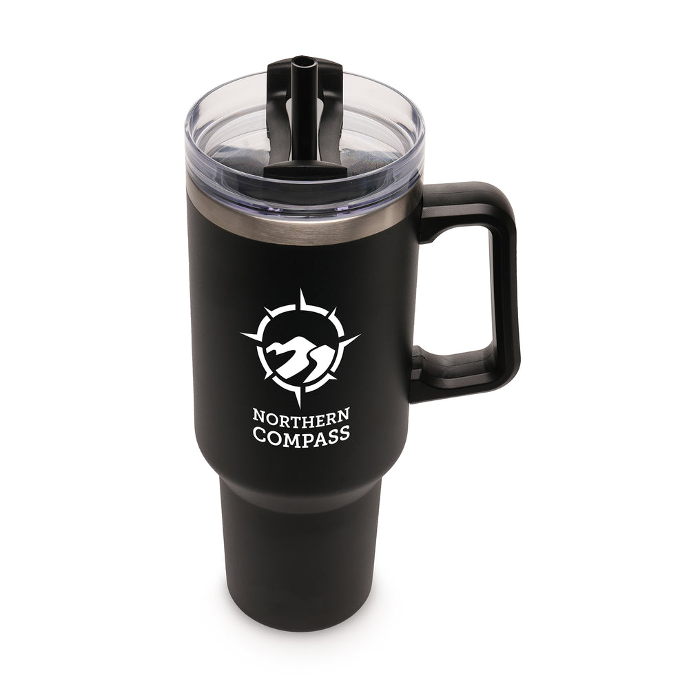Everest BLACK Stainless Steel Mug with Straw and Handle - 1182ml