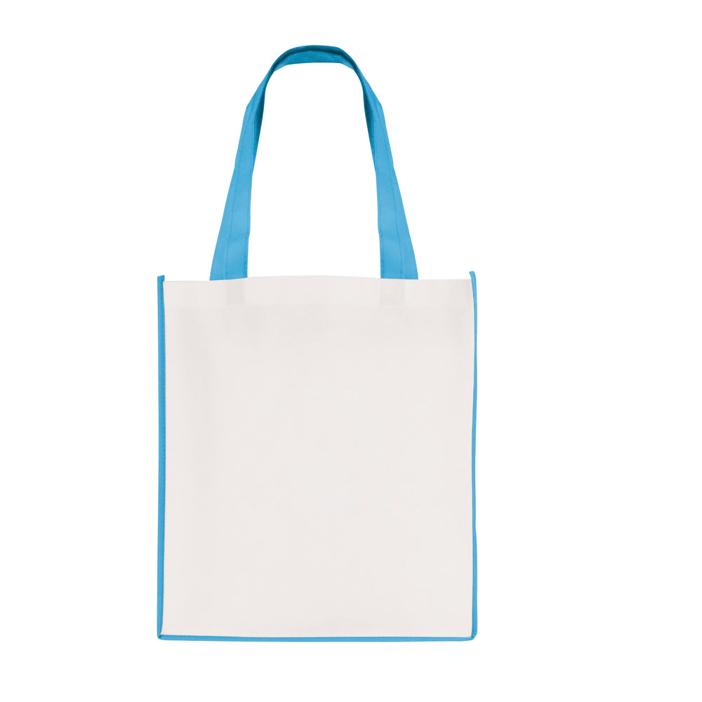 Branded White non woven PP shopper with coloured piping trim and handles