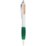 Nash ballpoint pen with silver barrel and green grip. Branded down the barrel