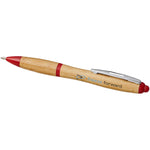 Nash bamboo ballpoint pen with red accents and branding to the barrel