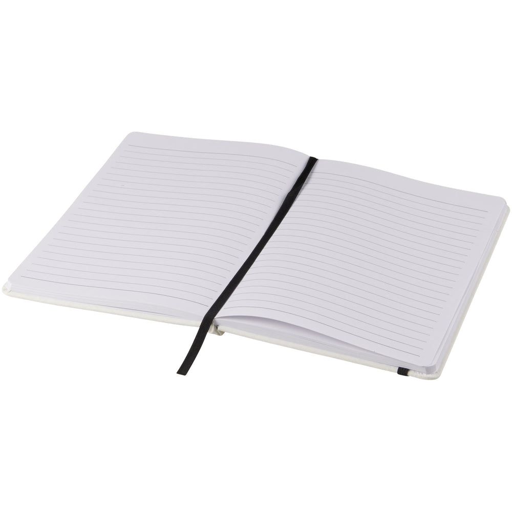 Branded Spectrum A5 white notebook with coloured strap