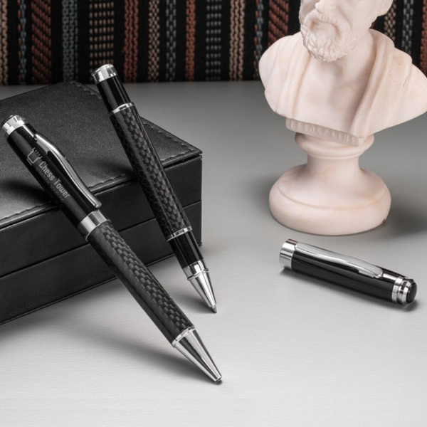 Chess Carbon Fibre Rollerball and Ball Pen Set