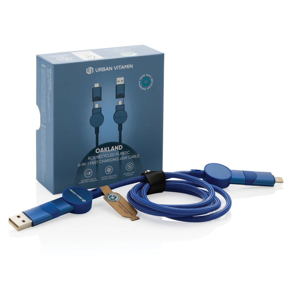 Branded Oakland RCS recycled plastic 6-in-1 fast charging 45W cable