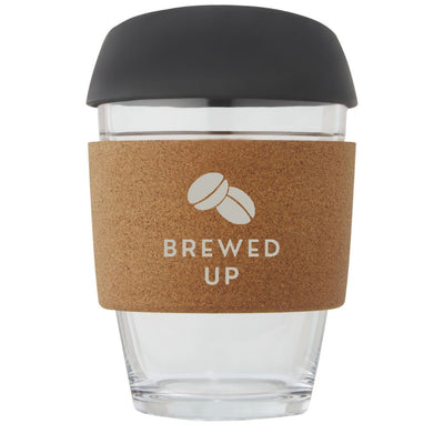 Lidan 360 ml borosilicate glass tumbler with cork grip and silicone lid