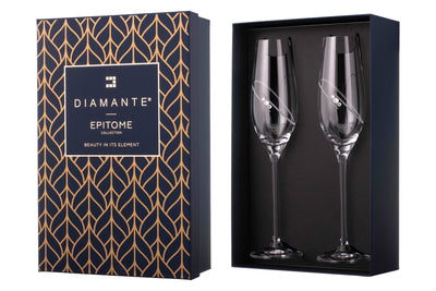 2 'His & Hers' Diamante Champagne Flutes with Orbital Design in a Satin Lined Gift Box