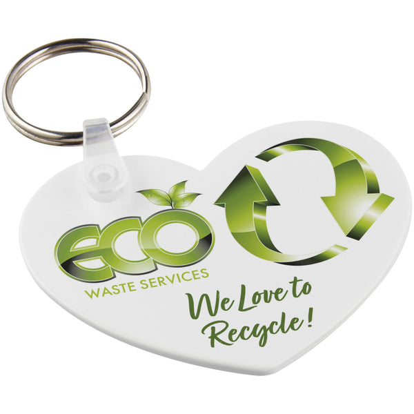 White Heart Shaped keychain made from recycled plastic boasting full colour print