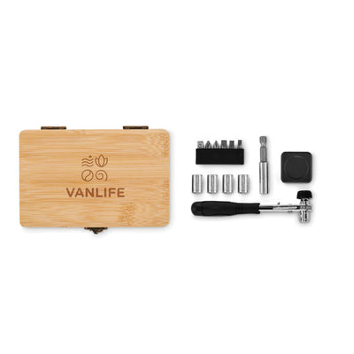 Branded 13 piece tool set, bamboo case