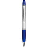 Curvy ballpoint pen with highlighter with a white barrel and blue grip and cap