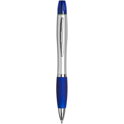 Curvy ballpoint pen with highlighter with a white barrel and blue grip and cap