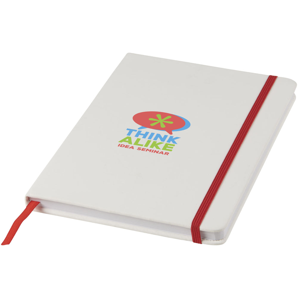 Branded Spectrum A5 white notebook with coloured strap