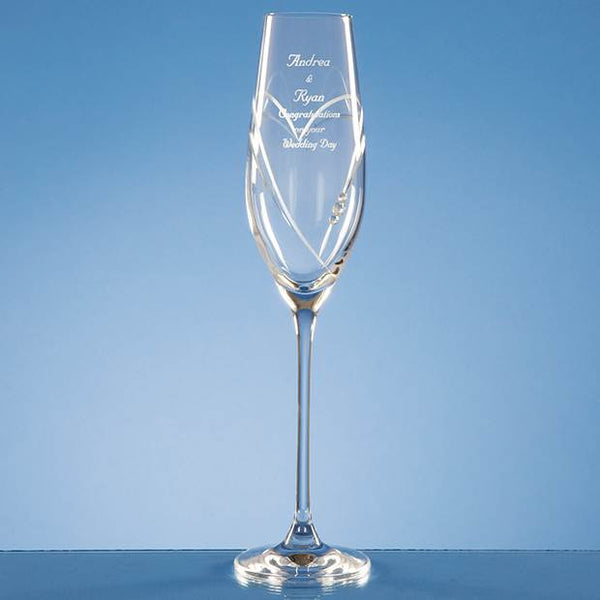 Champagne Flute with Delicate heart shape cut featuring Swarovski crystals bonded to the glass. With additional engraved message to loved ones
