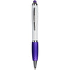 Curvy stylus ballpoint pen with white barrel and purple grip and stylus