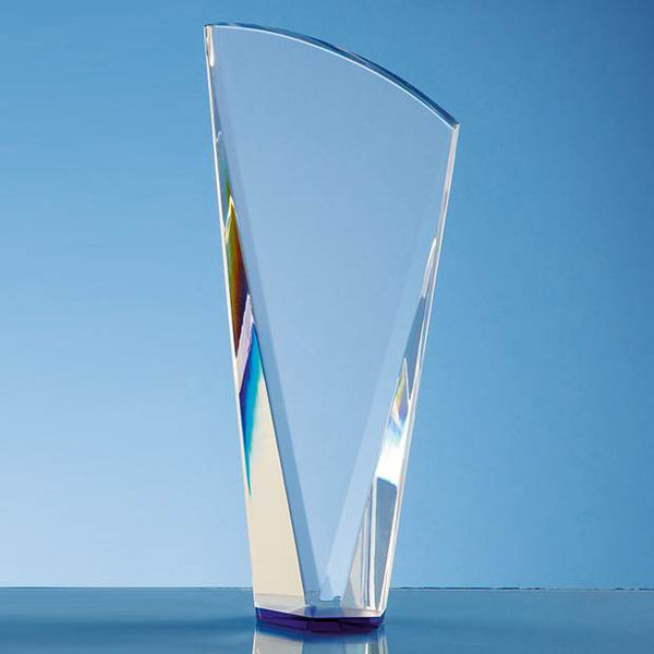Branded 21cm Clear Optical Crystal Facet Shard Award with a Sapphire Blue Base