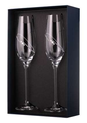 2 'His & Hers' Diamante Champagne Flutes with Orbital Design in a Satin Lined Gift Box