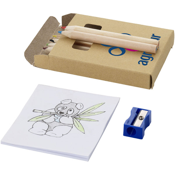 Streaks 8-piece colouring set showing off 2 pencils, sharpener at the colouring book which has a picture of a panda eating bamboo. Branding on the front of the box in 2 colours