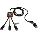 Branded SCX.design C38 5-in-1 rPET light-up logo charging cable with squared wooden casing