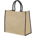 Two Tone Branded Jute Bag with black handles and edge trim in black