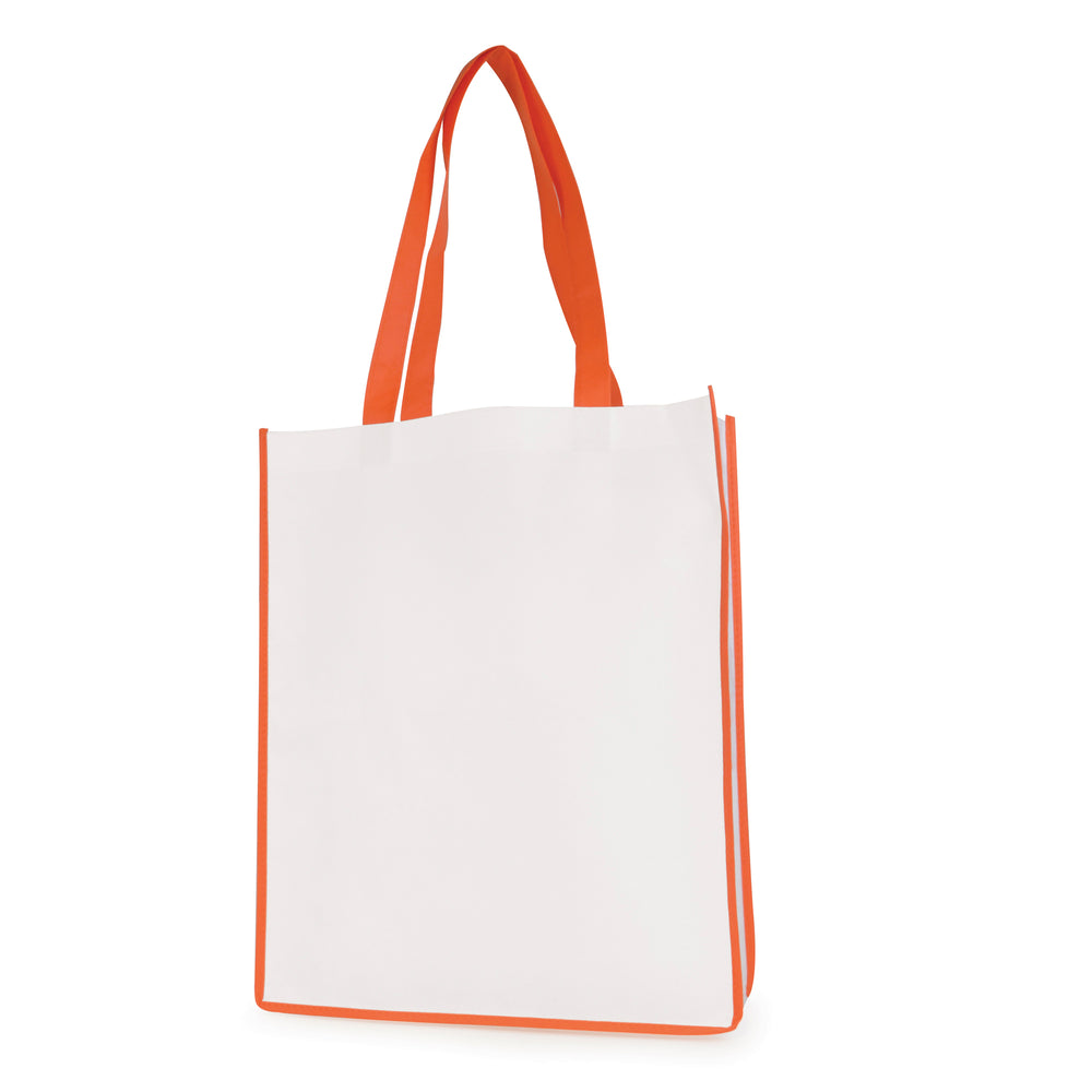 Branded White non woven PP shopper with coloured piping trim and handles