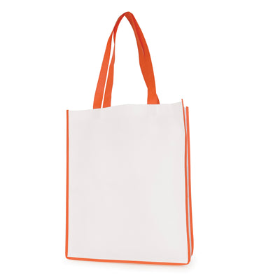 Branded White non woven PP shopper with coloured piping trim and handles