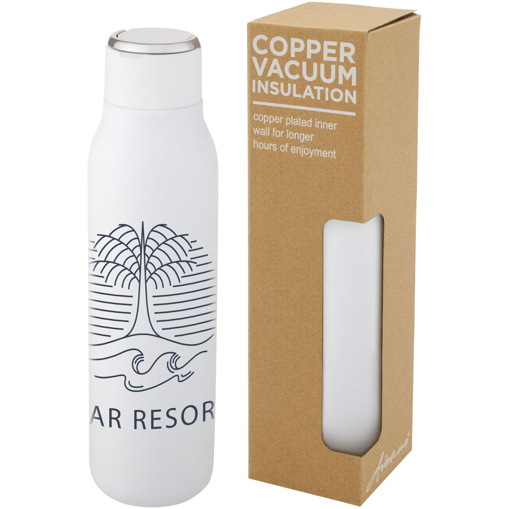 Branded Marka 600 ml copper vacuum insulated bottle with metal loop