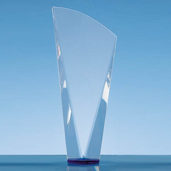 Branded 23.5cm Clear Optical Crystal Facet Shard Award with a Sapphire Blue Base