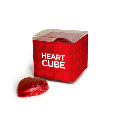 Branded Plastic Cube containing foil wrapped chocolate hearts 