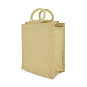 Laminated Jute Lunch Bag with zip closure & loop handles