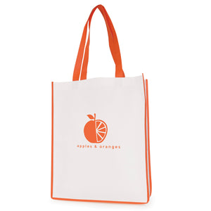 Branded White non woven PP shopper with coloured piping trim and handles