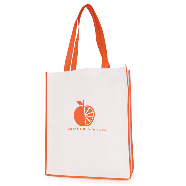 Branded White non woven PP shopper with coloured piping trim and handles
