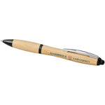 Nash bamboo ballpoint pen with black accents and branding to the barrel