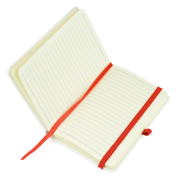 A6 White Notebook with bookmark, pen loop, closure.