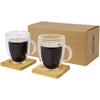 Branded Manti 2-piece 350 ml double-wall glass cup with bamboo coaster