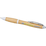 Nash bamboo ballpoint pen with white accents and branding to the barrel