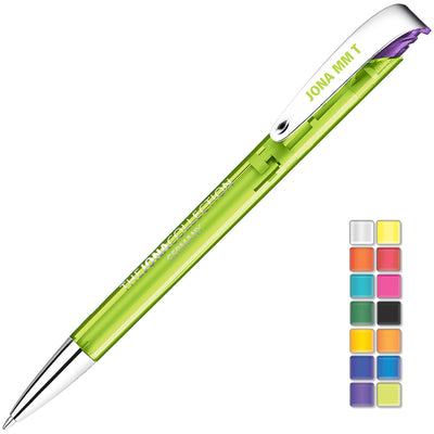 Jona MMT Ball Pen in green with branding down the barrel and clip. Colour grid in the bottom corner showing all possibilities
