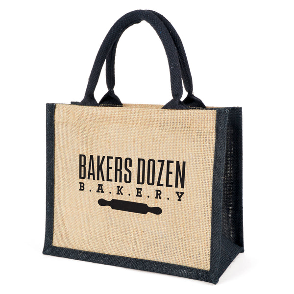NATURAL mini laminated jute lunch bag with trim, gusset and handles