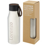 Branded Ljungan 500 ml copper vacuum insulated stainless steel bottle with PU leather strap and lid