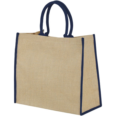 Promotional Jute Bag with Navy blue handles and edge piping 
