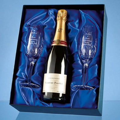 Branded Double Champagne Flute Gift Set with a 75cl Bottle of Laurent Perrier Champagne