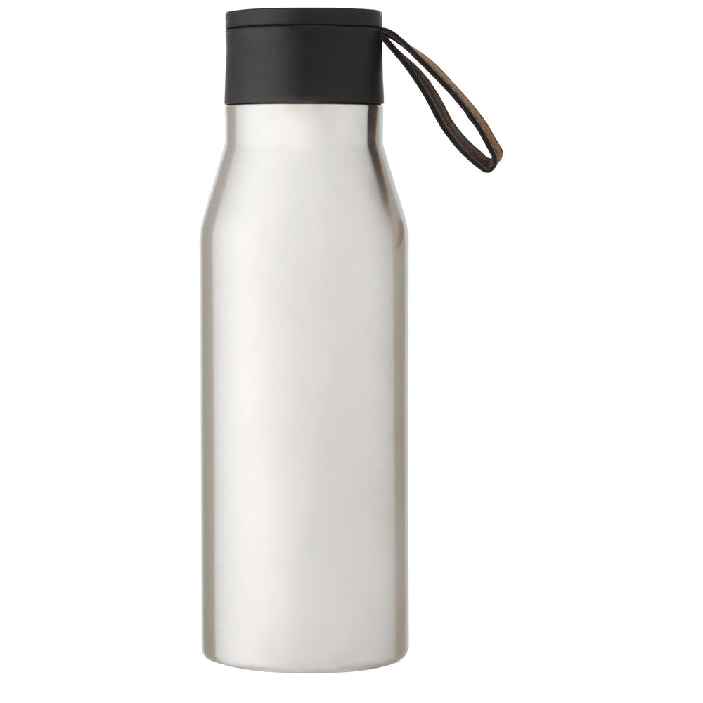 Branded Ljungan 500 ml copper vacuum insulated stainless steel bottle with PU leather strap and lid