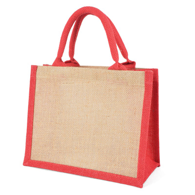 NATURAL mini laminated jute lunch bag with trim, gusset and handles