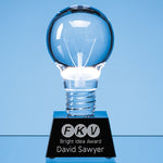 Branded 6.5cm Dia Optical Crystal Lightbulb Award Mounted on an Onyx Black Crystal Base