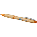 Nash bamboo ballpoint pen with orange accents and branding to the barrel