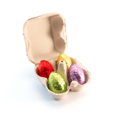 4 Foil wrapped chocolate eggs protected within an eco-friendly egg carton. Fitted with a full colour branded sheath to promote your brand message