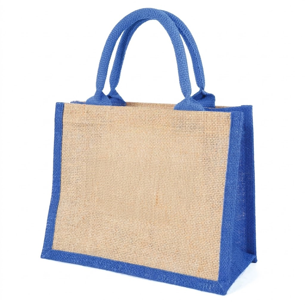 NATURAL mini laminated jute lunch bag with trim, gusset and handles