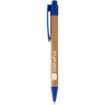 Borneo bamboo ballpoint pen with blue accents and branding down the barrel